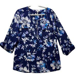 Croft & Barrow Womens Blouse XXL Navy Floral 3/4 Sleeves & Zipper Accent